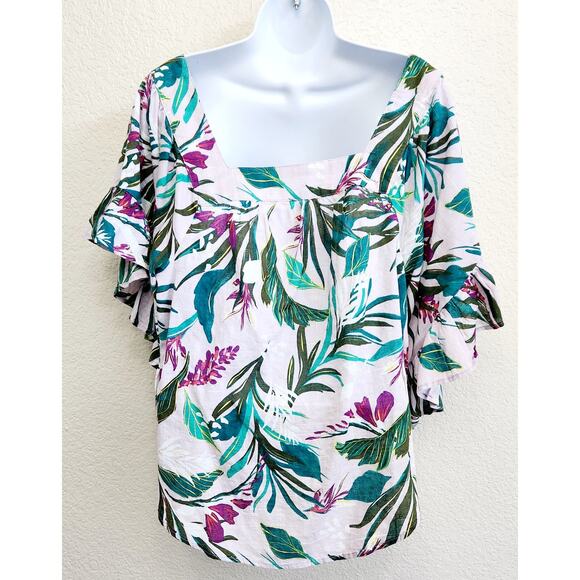 Terra & Sky Green Fuchsia Floral Print Top 14W Plus Lightweight Ruffled Sleeves - Picture 3 of 5
